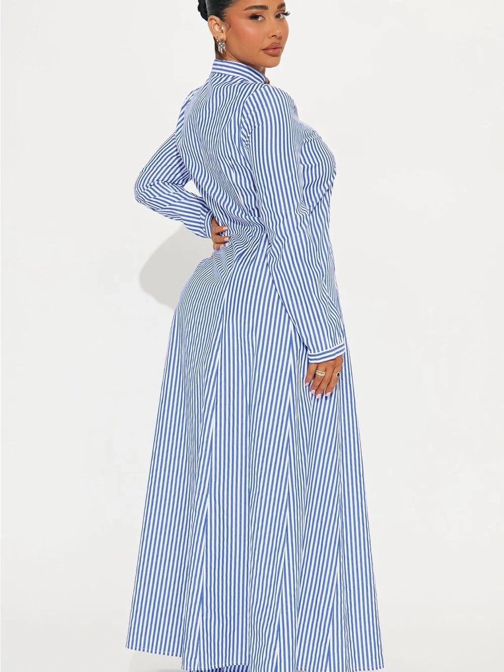 Striped Blue & White Button-Front Maxi Shirt Dress and Matching Pant Set - Picture 2 of 4